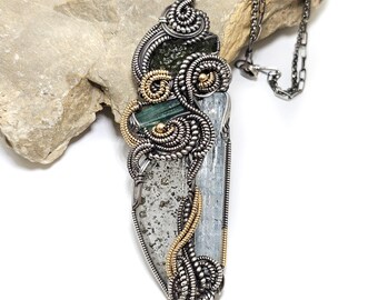 Powder Blue Aquamarine w/Blue Tourmaline, Moldavite & Pyrite in Quartz "Shadow Wrap™" Pendant in Oxidized Sterling Silver Wire w/18" Chains