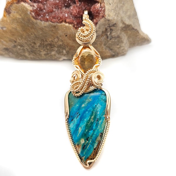 VIBRANT Peruvian Blue Opal Pendant w/Faceted Citrine in 14k Gold Filled Wire -- Stunning all natural color!