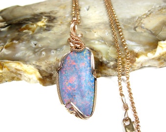 Australian Fire Opal Doublet Pendant in 14k Rose Gold Filled Wire w/FREE 18" 14k RGF Chain (#4) -- Vibrant colored fire! October Birthstone!
