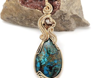 Gorgeous Andean Chrysocolla w/ Champagne Topaz Pendant in 14k Yellow Gold Filled Wire - Old stock material, beautiful color & contrast!