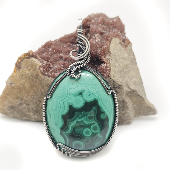 Malachite "Shadow Wrap™" Pendant in Oxidized Sterling Silver Wire -- Awesome, unique coloration and pattern!