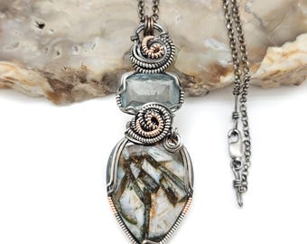 RARE Turkish Stick Agate w/Faceted Moss Aquamarine "Shadow Wrap™" Pendant in Oxidized Silver & 14k Gold Filled Wire-FREE 18" Chain Included!