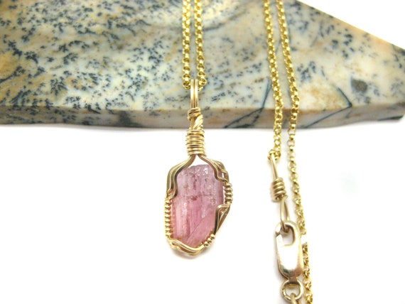 RARE Pink Imperial Topaz Partial Crystal Pendant in 14k Gold Filled Wire w/FREE 18" 14k GF Chain (#3) -- The Original November Birthstone!