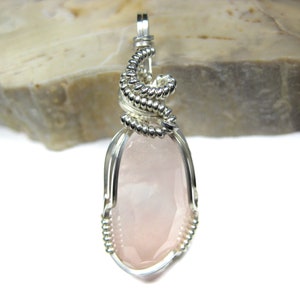 Surface Faceted Brazilian Rose Quartz Pendant Sterling Silver Wire (#1) -- Beautiful natural color! See video!
