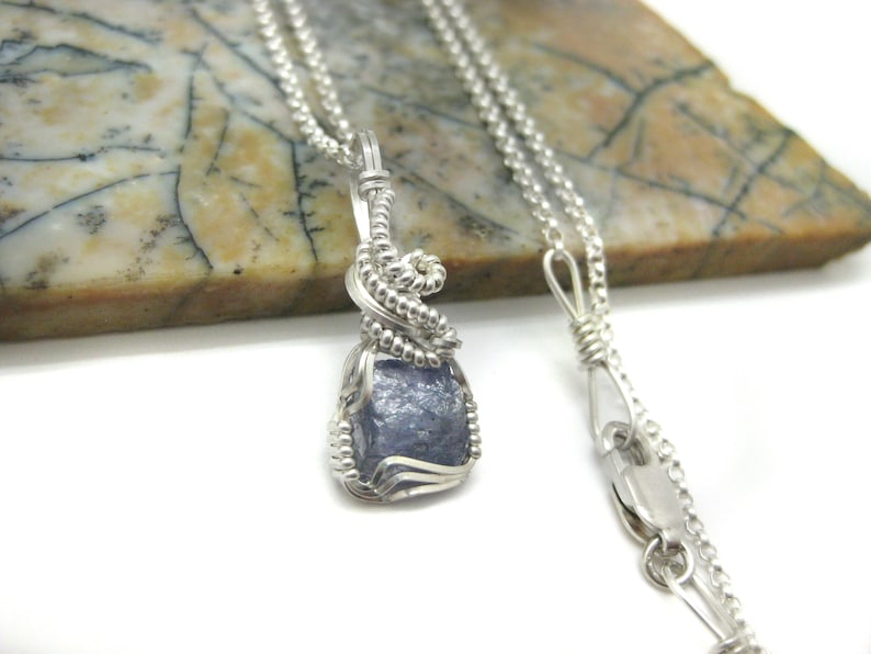 Raw Tanzanite Crystal Chunk Pendant in Sterling Silver Wire w/FREE 18" Sterling Silver Chain (#2)--Awesome color! December birthstone! image 2