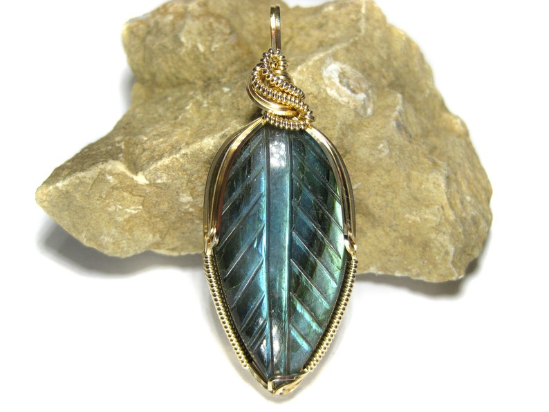 Gorgeous Hand-Carved Labradorite Pendant in 14k Gold Filled Wire--Amazing flash and carved pattern!