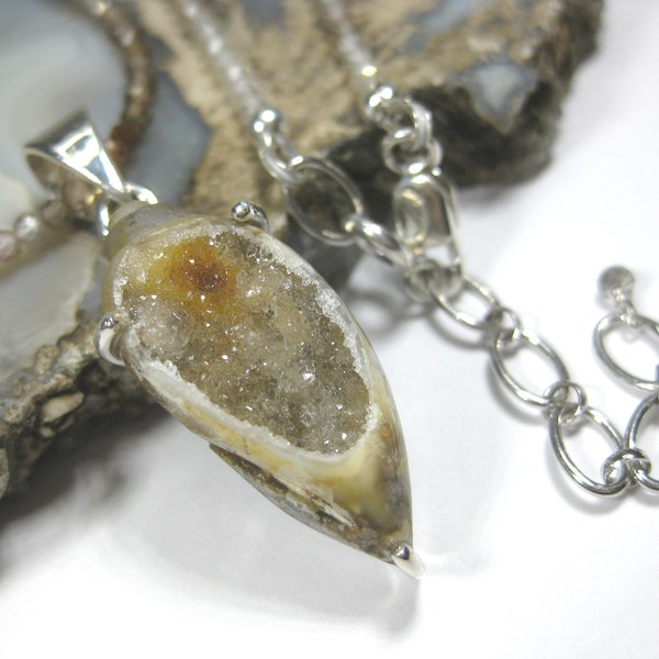 100% Natural Quartz Drusy Crystal Fossil Snail Pendant w/Faceted Zircon Bead Chain in Sterling Silver Setting