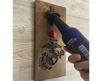 PERSONALIZED US Marine Wall Mount Cap Catch Bottle Opener, Rustic Opener with Magnet Cap Collector