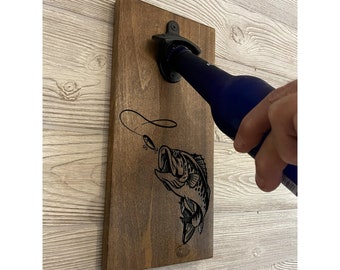 Personalized Fisherman Wall Mount Cap Catch Bottle Opener, Rustic Opener with Magnetic Cap Collector