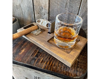 Whiskey-Bourbon and Cigar-Pairing Tray Ashtray and Drink Holder Combo-Personalized Gift-Fathers Day, Retirement Gift Groomsman Gift for Him