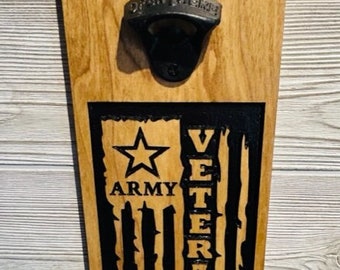 Army Personalized Wood Bottle Opener with Magnetic Cap Catch, Custom Made