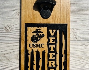 USMC Personalized Wood Bottle Opener with Magnetic Cap Catch, Custom Made