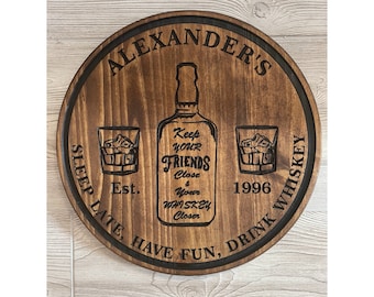 Custom Carved Bourbon/Whiskey Bar sign - Personalized - Pub sign - Round Wood sign - Gift for him - Whiskey - Father's Day - Groomsmen gift