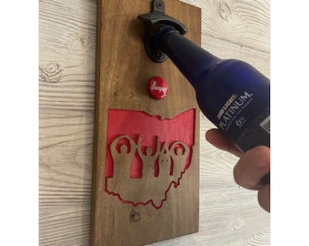 OHIO Wall Mount Cap Catch Bottle Opener, Rustic Opener with Magnet Cap Collector