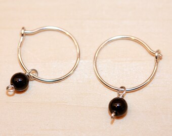 Silver Hoop Earrings, Small Hoop Earrings, Cartilage Hoops, Black Onyx Cartilage Hoops, 10mm 8mm 7mm 6mm  Hoop Earrings, 22g 20g