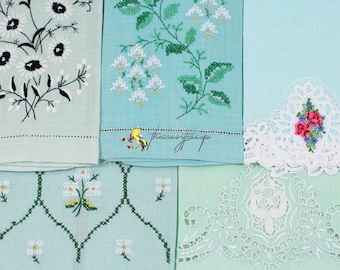 Toallas de invitados vintage, toallas de dedo, tonos azul y verde azulado, bordadas a mano, ¡tú eliges!