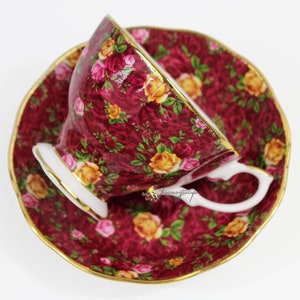 Royal Albert Ruby Lace Floral English Bone China Teacup and Saucer - Malvern Shape - 2002