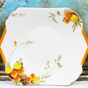 Shelley Hand Painted Floral English Bone China Handled Cake Plate - Orange and Yellow Dandelions, Brown Leaves, Dining, Serving