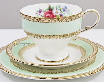 Paragon Mint Green Pink Floral Corset Shape English Bone China Teacup, Saucer, Plate Trio Tea Party