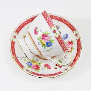 Tuscan Lowestoft Pink, Blue, Yellow Floral English Bone China Teacup and Saucer