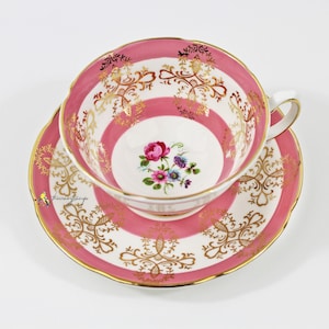 Royal Grafton Pink Gold Filigree Pink Rose Floral English Bone China Teacup and Saucer - Tea Party