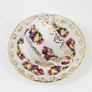 Colclough Fruit Pear Grape Apple Cherry Strawberry Gold Filigree English Bone China Teacup and Saucer, Tea Party