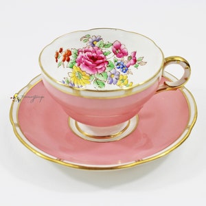 Melba Pink Hand Painted Multicolored Floral Bouquet English Bone China Teacup and Saucer
