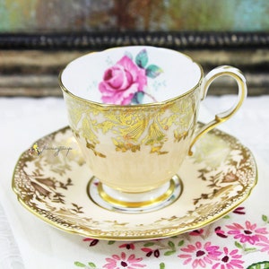 DW Paragon Pink Cabbage Rose English Bone China Demitasse Espresso Teacup and Saucer, Peach Coloring, Gold Floral Filigree, Tea Party