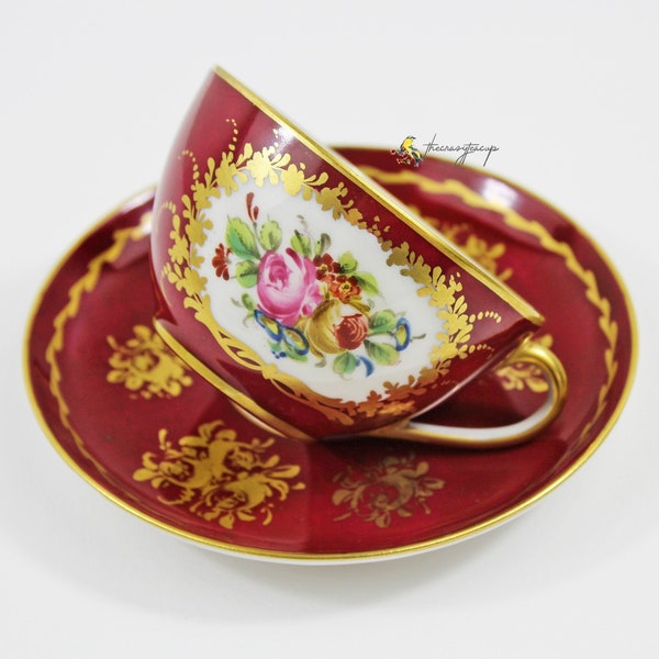 Limoges Maroon Gold Rose Detailing, Large Hand Painted Floral Bouquet France French Porcelain Teacup and Saucer