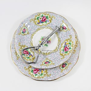 Vintage 2 Tier Cake Stand Ring Jewelry Dish - Gray Floral Tea Party Cupcake Stand Silver Hardware Included - Queen Anne Gainsborough