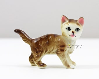 Vintage Cat Figurine - Bone China, Standing, Brown and White Tabby Coloring, 1.75" Tall