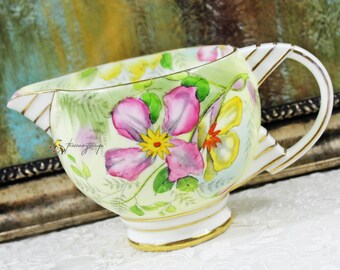Royal Paragon Art Deco Hand Painted Milk Jug / Pitcher, Pink and Yellow Floral, Gold Stripes, English Bone China, Tea Party