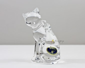 Vintage Bohemia Czech Republic Lead Crystal Cat Figurine with Bow - 3.625" Tall, 24% Lead Crystal, Original Sticker - Paper Weight