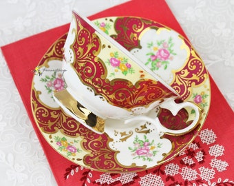 Elizabethan Balmoral Series Red and Gold Filigree, Pink Roses English Bone China Teacup and Saucer, Tea Party