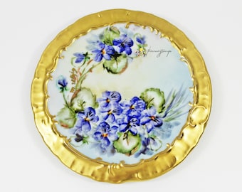 Hand Painted Blue Violets Thick Gold Gilt Edge Wall Hanging Plate or Teapot Trivet Stand