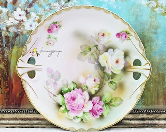 Wurttemberg Pink White Cabbage Rose Green Gold Handled Porcelain Cake Plate - 11&quot; x 10-1/4&quot; Germany