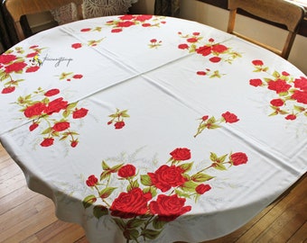 Vintage 50's Cotton Tablecloth Red Roses Bouquets Rectangle 56 x 51 Tea Party