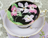 Vintage Paragon Violets Purple Black Background Hand Painted English Fine Bone China Teacup and Saucer, Double Warrant, Tea Party