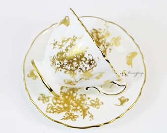 Hammersley Gold Floral English Bone China Teacup and Saucer, Tea Party, Large