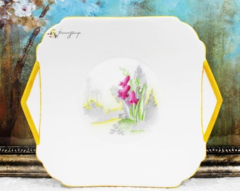 Shelley Hand Painted Floral English Bone China Handled Cake Plate - Pink Bluebell Flowers, Yellow Handles, Dining, Serving