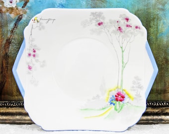 Shelley Hand Painted Floral English Bone China Handled Cake Plate - Blue Yellow Pink Dining, Serving, Ideal China, Lawley&#39;s Regent St