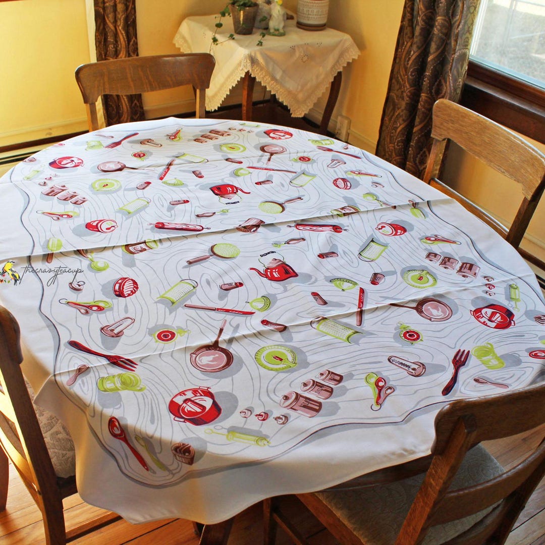 Vintage 50's Simtex Tablecloth - Kitchen Theme - Knives, Salt and ...