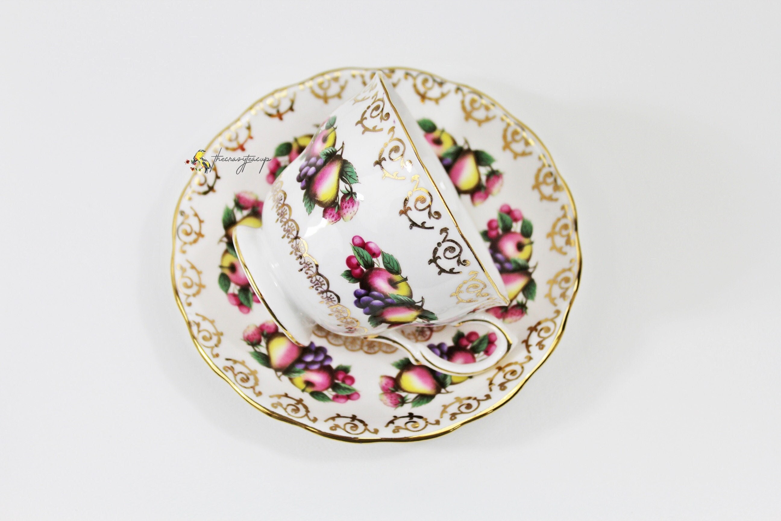 Colclough Fruit Pear Grape Apple Cherry Strawberry Gold Filigree English Bone China Teacup and Saucer, Tea Party