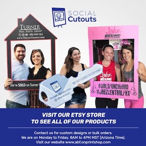 May include: Image featuring three photo booth cutouts: a house frame, a key, and a pink boxing frame. The house frame has the text "Turner Real Estate Group". The key cutout has the text "We just closed on our home!". The boxing frame has the text "Jabz Boxing".