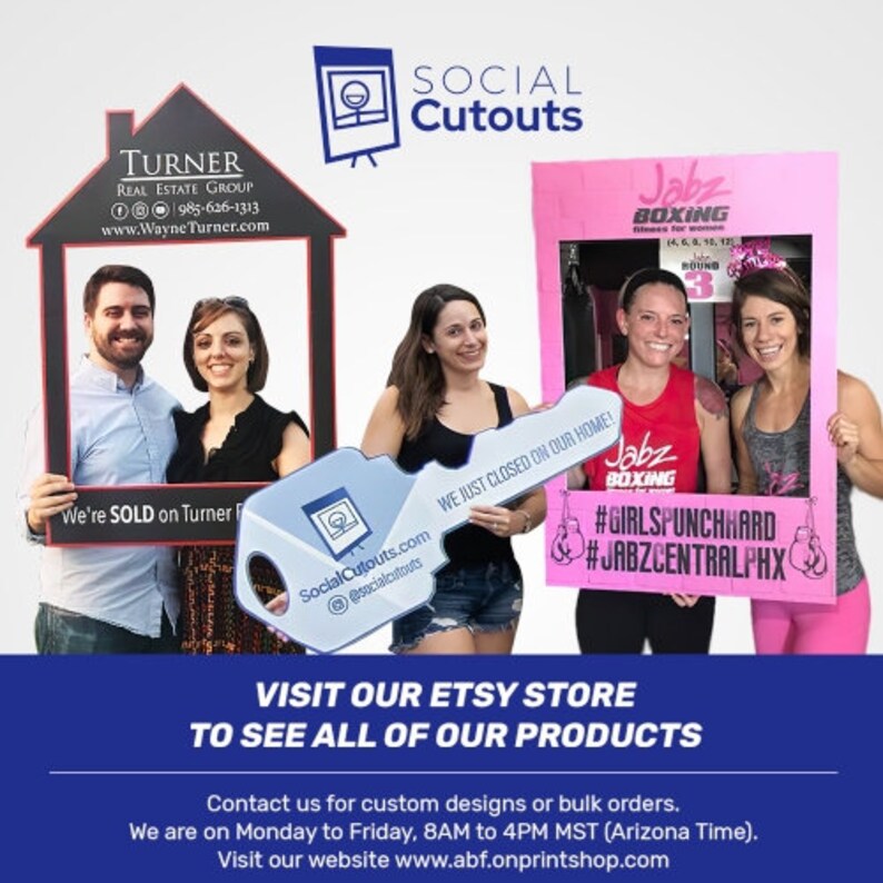 May include: Image featuring three photo booth cutouts: a house frame, a key, and a pink boxing frame. The house frame has the text "Turner Real Estate Group". The key cutout has the text "We just closed on our home!". The boxing frame has the text "Jabz Boxing".