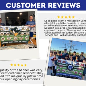 May include: A custom baseball banner with a team logo, player numbers, and the text "COACHES: BRIAN, CESAR, JIM & DUSTY." The banner is held by two children. The image also includes customer reviews.