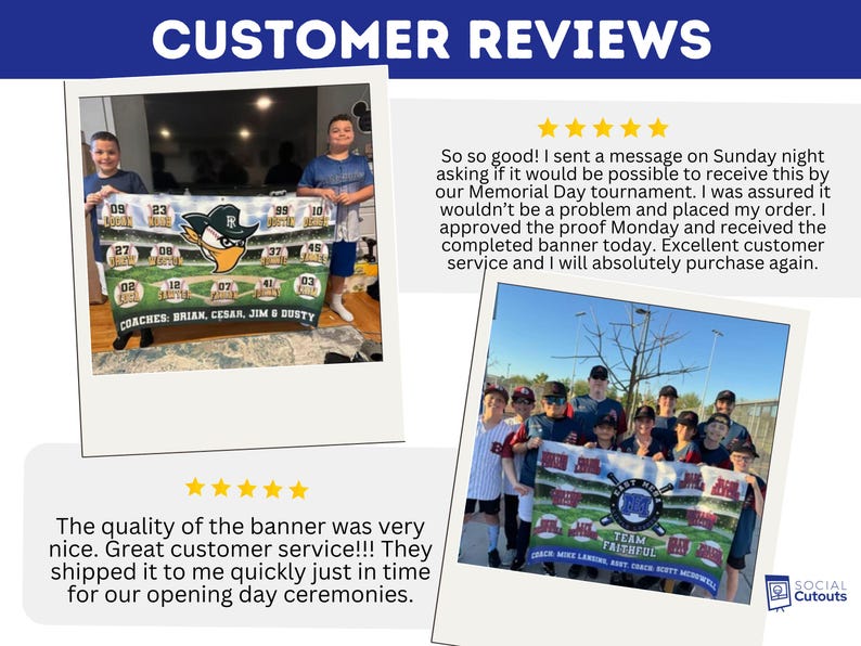 May include: A custom baseball banner with a team logo, player numbers, and the text "COACHES: BRIAN, CESAR, JIM & DUSTY." The banner is held by two children. The image also includes customer reviews.