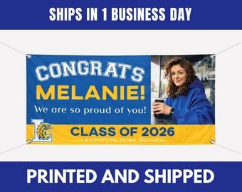 Custom Graduation Banner with Photo | Class of 2026 Congratulations Sign Blue Gold Vinyl 6x3 ft