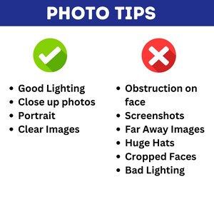 May include: Image with the text "PHOTO TIPS" in white letters on a blue background. The image lists tips for good photos, including good lighting, close-up photos, portraits, and clear images. It also lists what to avoid.