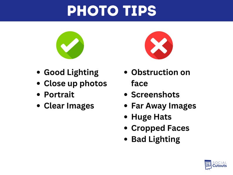 May include: Image with the text "PHOTO TIPS" in white letters on a blue background. The image lists tips for good photos, including good lighting, close-up photos, portraits, and clear images. It also lists what to avoid.